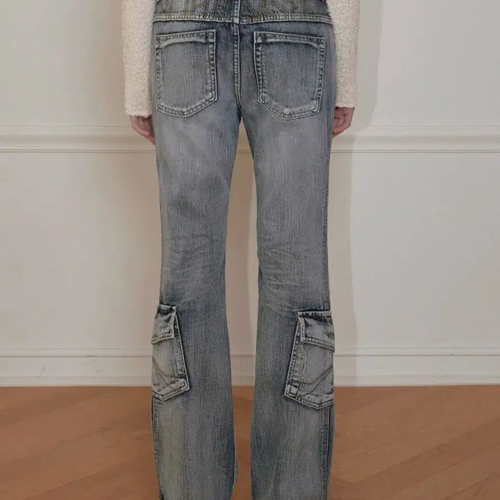 [BUNJANG] Bohemian Seoul Washed Blue Cargo Bootcut Jeans / 보헤미안서울 WASHED BLUE CARGO BOOTCUT, BLUE
