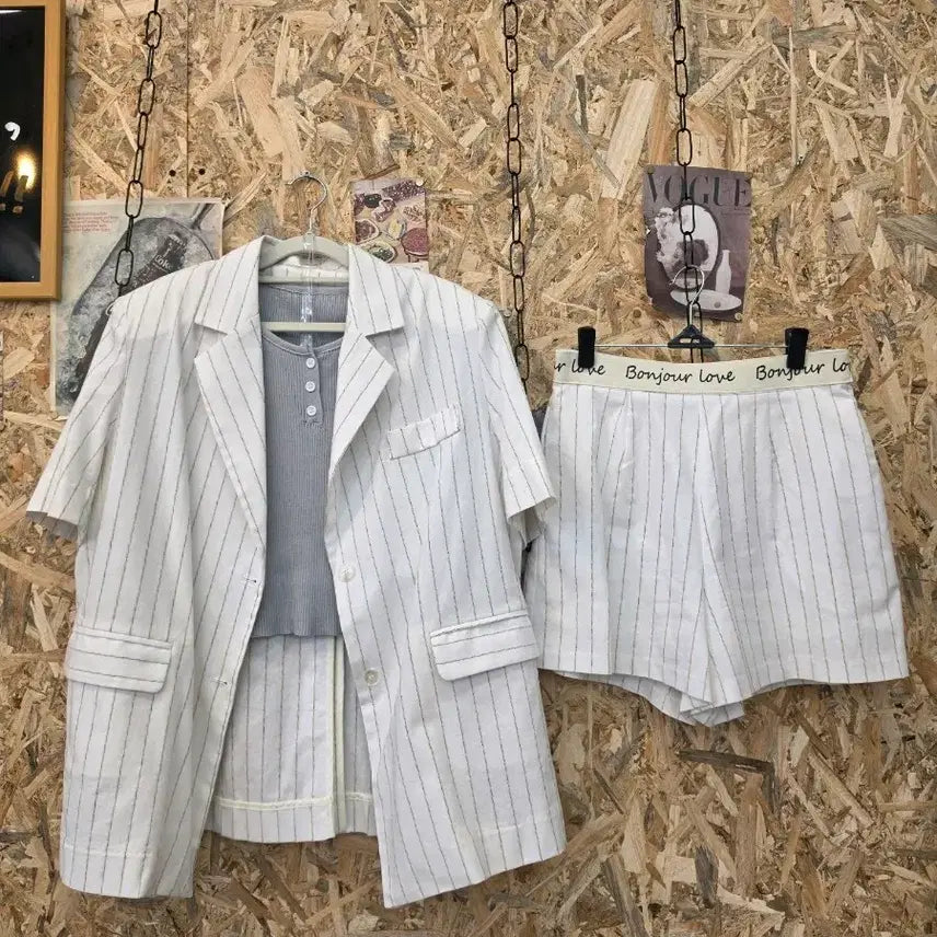 [BUNJANG] Stripe Linen Jacket and Shorts Suit Set / 새상품 ) 스트라이프 린넨 자켓 반바지 정장세트 F
