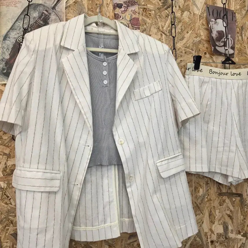 [BUNJANG] Stripe Linen Jacket and Shorts Suit Set / 새상품 ) 스트라이프 린넨 자켓 반바지 정장세트 F