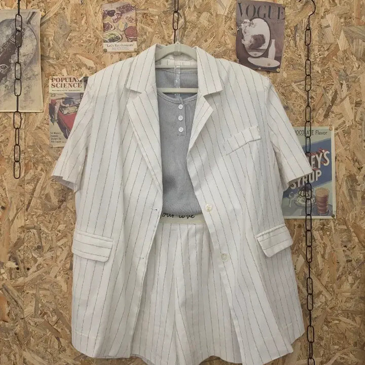 [BUNJANG] Stripe Linen Jacket and Shorts Suit Set / 새상품 ) 스트라이프 린넨 자켓 반바지 정장세트 F