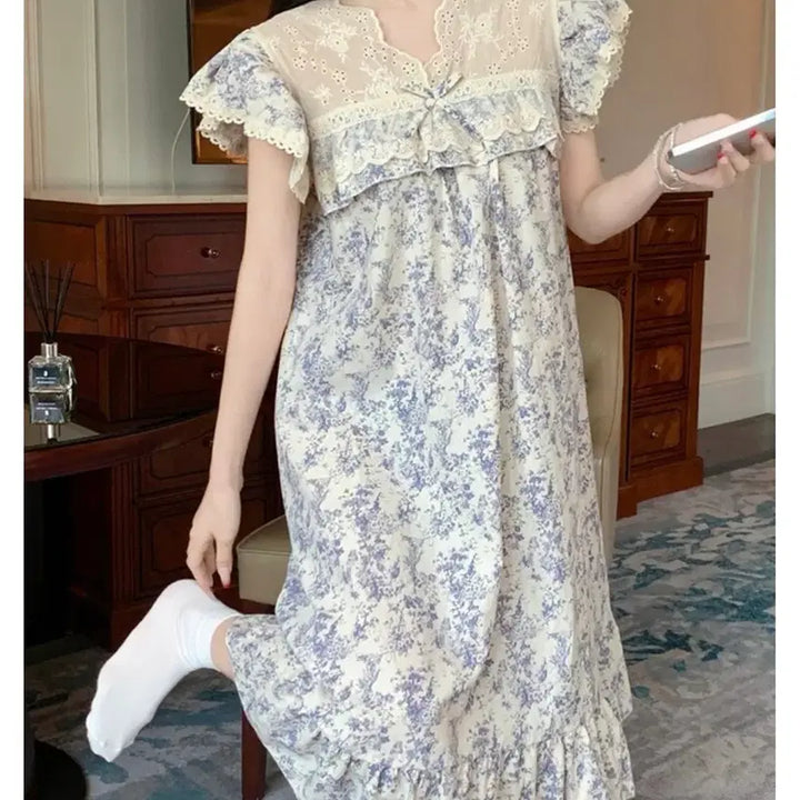 [BUNJANG] Floral Lace Long Dress Pajamas / 새상품 플라워 레이스 롱 원피스 잠옷 파자마