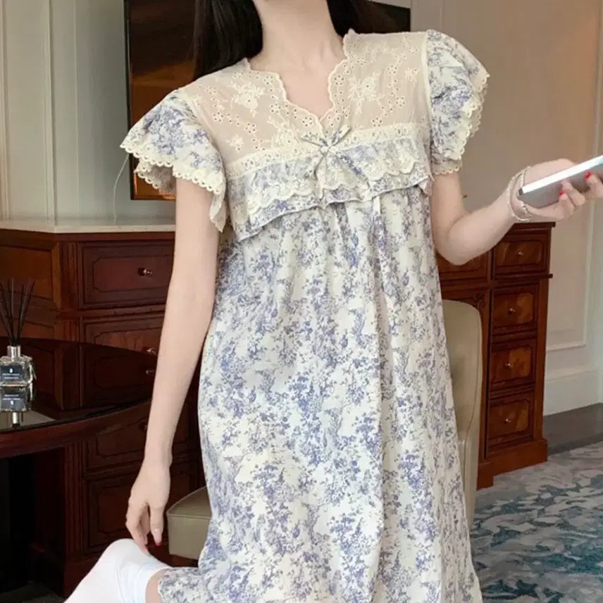 [BUNJANG] Floral Lace Long Dress Pajamas / 새상품 플라워 레이스 롱 원피스 잠옷 파자마