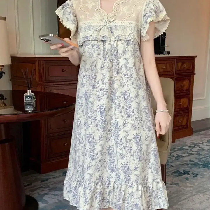 [BUNJANG] Floral Lace Long Dress Pajamas / 새상품 플라워 레이스 롱 원피스 잠옷 파자마