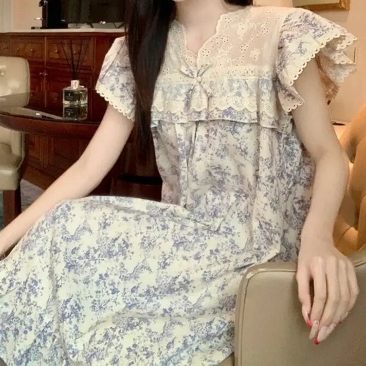 [BUNJANG] Floral Lace Long Dress Pajamas / 새상품 플라워 레이스 롱 원피스 잠옷 파자마