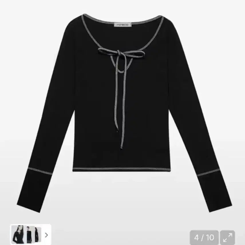 [BUNJANG] Mireco Stitch Ribbon Long Sleeve Black T-shirt / 미레코 스티치 리본 긴팔 티셔츠 블랙 롱슬리브