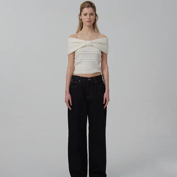 [BUNJANG] THEBARNET Ribbon Off Shoulder Knit Top / 더바넷 리본 오프숄더 니트 탑