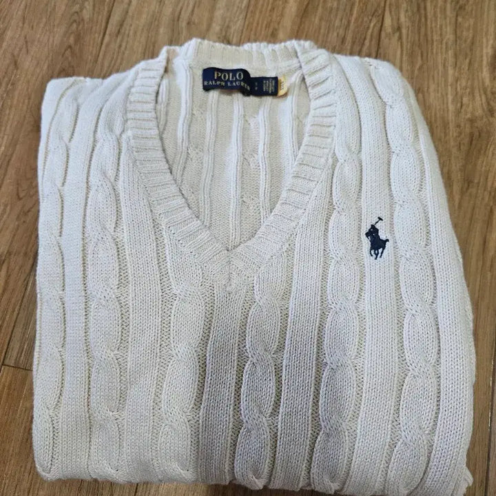[BUNJANG] Polo Ralph Lauren Ivory Cable Knit Sweater / 폴로 랄프로렌 아이보리 꽈배기 케이블 브이넥 니트 S
