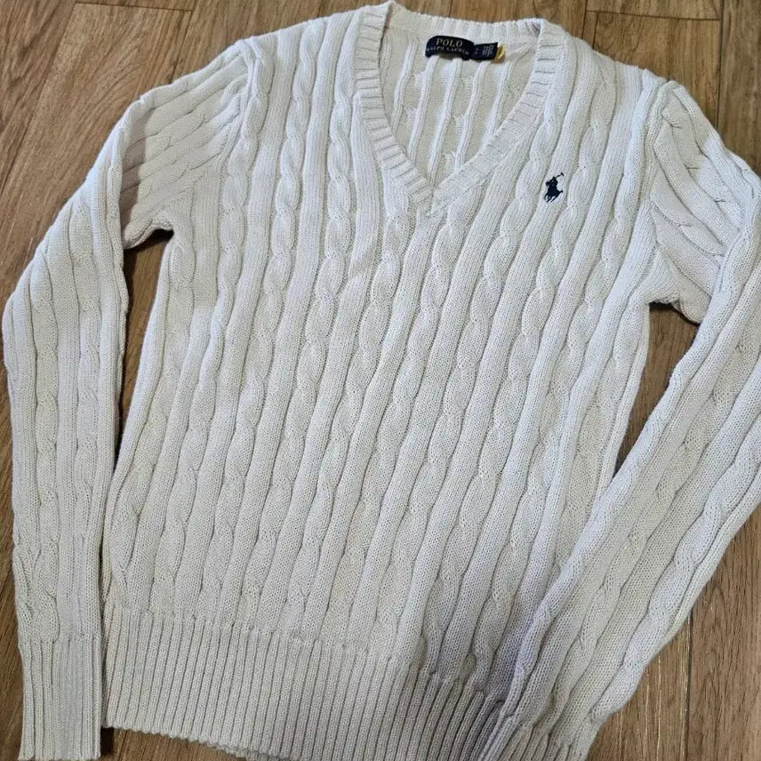 [BUNJANG] Polo Ralph Lauren Ivory Cable Knit Sweater / 폴로 랄프로렌 아이보리 꽈배기 케이블 브이넥 니트 S