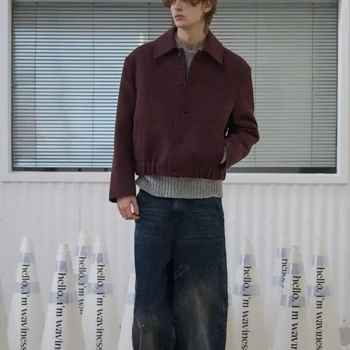 [BUNJANG] Waveness Signature Line Wool Cropped Jacket Burgundy / (1) 웨이비니스 시그니처 라인 울 크롭 자켓 버건디