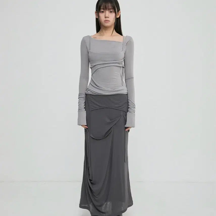 [SOLD OUT] 플레어업 드레이프 롱스커트 다크그레이