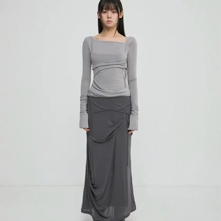 [SOLD OUT] 플레어업 드레이프 롱스커트 다크그레이