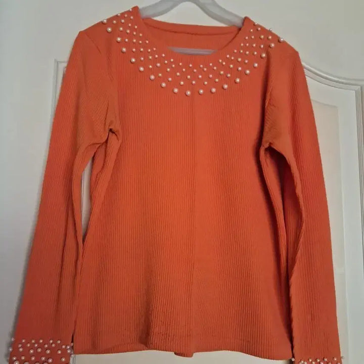 [BUNJANG] Orange Pearl Embellished Long Sleeve Top / 오렌지 진주 장식 긴팔티