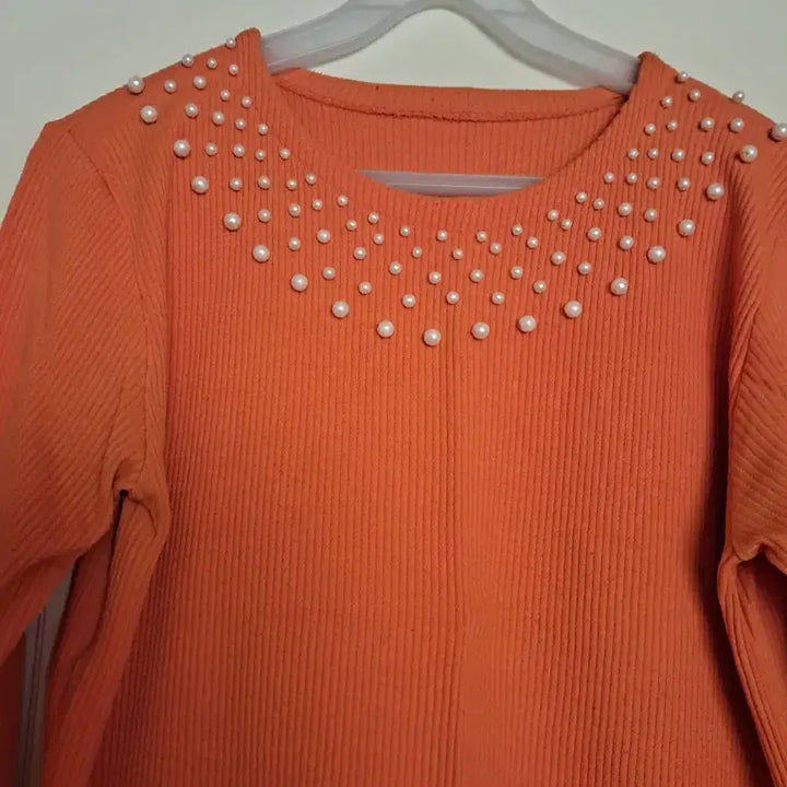 [BUNJANG] Orange Pearl Embellished Long Sleeve Top / 오렌지 진주 장식 긴팔티