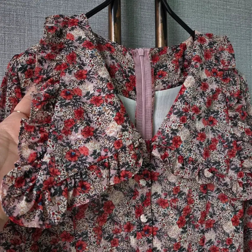 [BUNJANG] Floral Chiffon Long Dress / 빅프릴카라 볼륨소매 플로럴 쉬폰롱원피스