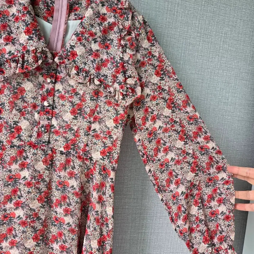 [BUNJANG] Floral Chiffon Long Dress / 빅프릴카라 볼륨소매 플로럴 쉬폰롱원피스