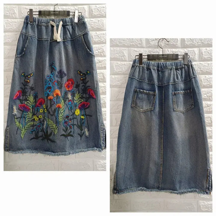 [BUNJANG] Embroidered Denim Skirt with Elastic Waistband / 플라워자수 밴딩 데님스커트