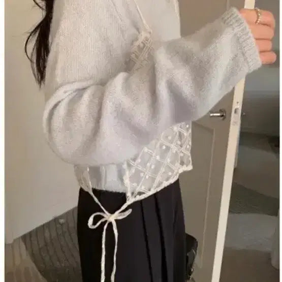 [BUNJANG] Melounge Alpaca Minimal Knit &amp; Lace Bustier Set / 멜라운지 알파카 미니멀 니트(소라)+레이스 뷔스티에 세트