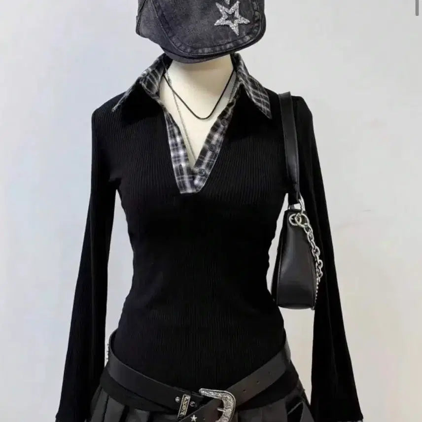 [BUNJANG] SHEIN Retro Grid Collar Long Sleeve Layered Top / 쉬인 레트로 격자 카라 티셔츠 긴팔 레이어드 상의 여성