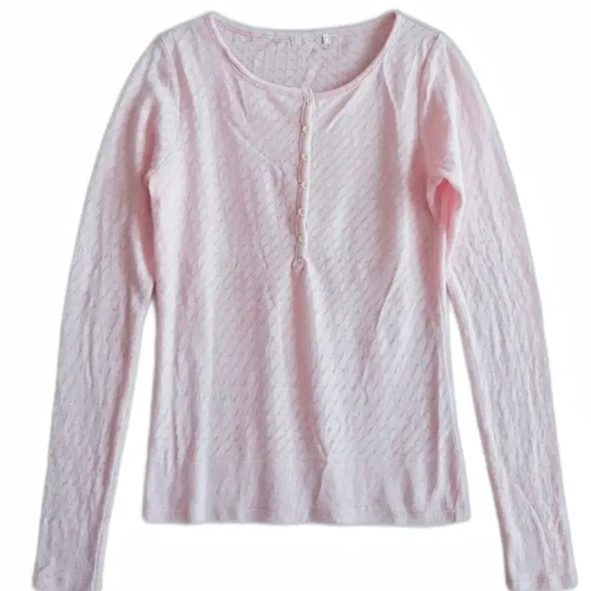 [BUNJANG] Pink Button Knit Top / 여리여리무드 연핑크단추 니트티-봄 긴팔 라운드넥 /연핑크