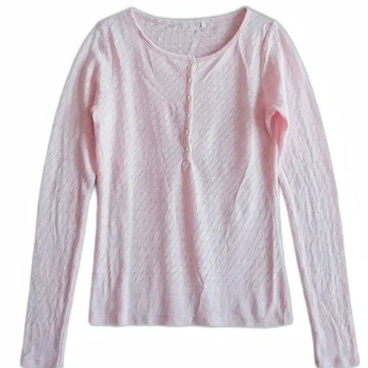 [BUNJANG] Pink Button Knit Top / 여리여리무드 연핑크단추 니트티-봄 긴팔 라운드넥 /연핑크