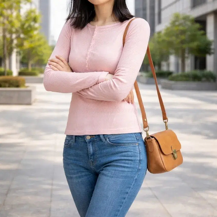 [BUNJANG] Pink Button Knit Top / 여리여리무드 연핑크단추 니트티-봄 긴팔 라운드넥 /연핑크