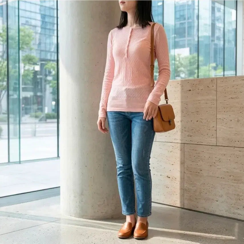 [BUNJANG] Pink Button Knit Top / 여리여리무드 연핑크단추 니트티-봄 긴팔 라운드넥 /연핑크