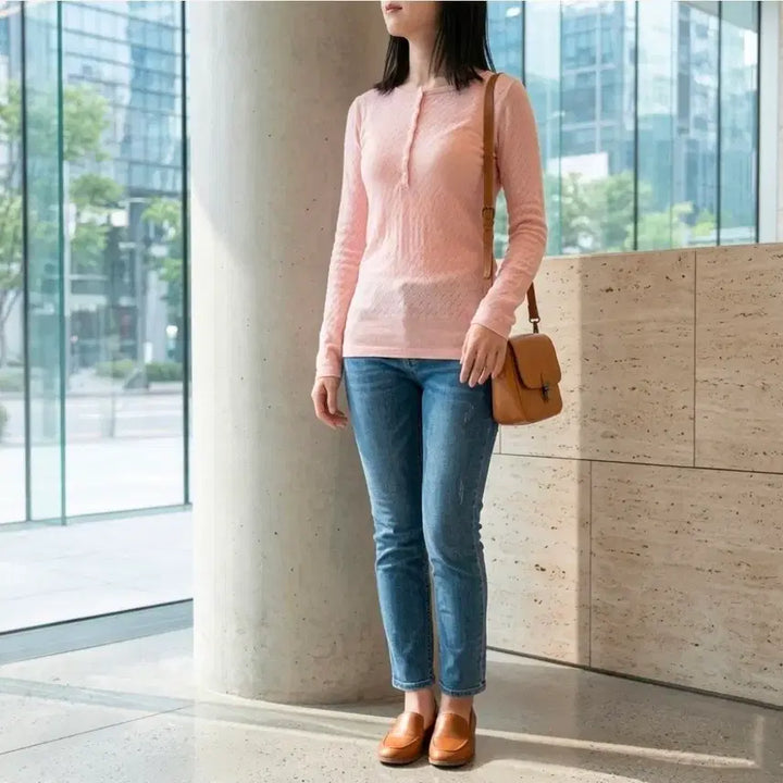 [BUNJANG] Pink Button Knit Top / 여리여리무드 연핑크단추 니트티-봄 긴팔 라운드넥 /연핑크