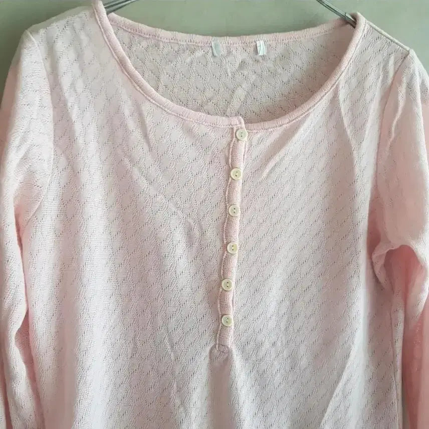 [BUNJANG] Pink Button Knit Top / 여리여리무드 연핑크단추 니트티-봄 긴팔 라운드넥 /연핑크