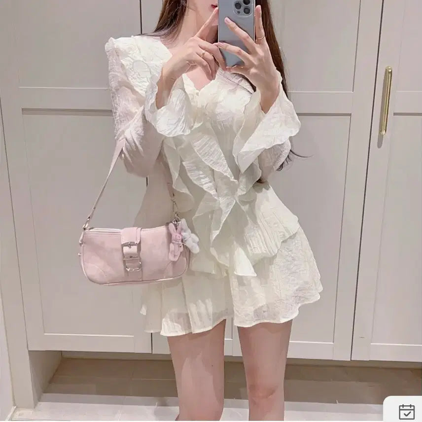 [BUNJANG] White Frill Chiffon Two-Piece Set / 화이트 프릴 쉬폰 투피스 세트
