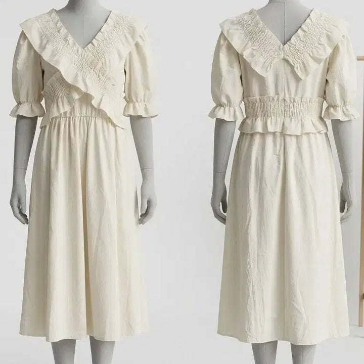 [BUNJANG] Ivory Shirred Collar Long Dress / 아이보리 셔링 카라 롱 원피스