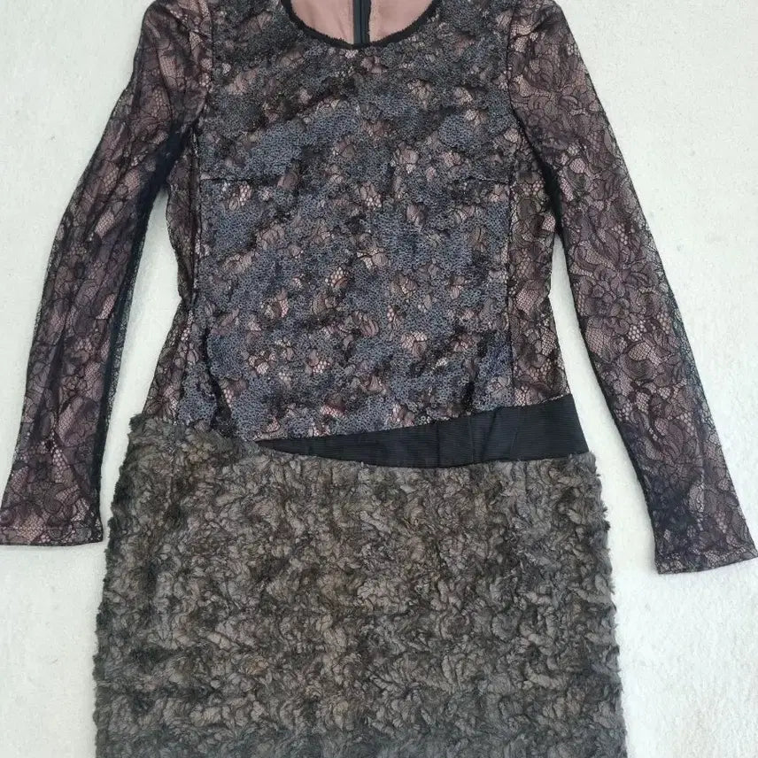 [BUNJANG] G-Cut Lace &amp; Fur Mini Dress / 레이스 퍼 믹스 미니 원피스