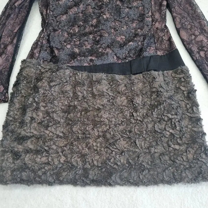 [BUNJANG] G-Cut Lace &amp; Fur Mini Dress / 레이스 퍼 믹스 미니 원피스