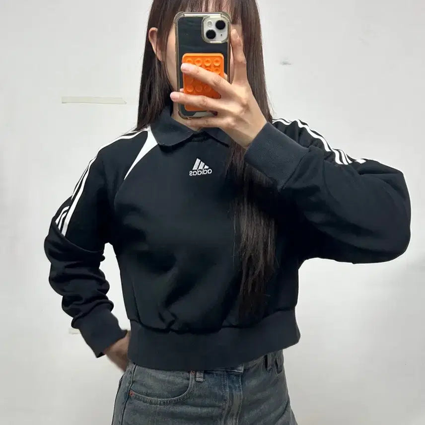 [BUNJANG] Adidas Embroidered Logo Express Crop Sweatshirt Black / 아디다스 자수로고 익스프레스 크롭 스웨트셔츠 블랙