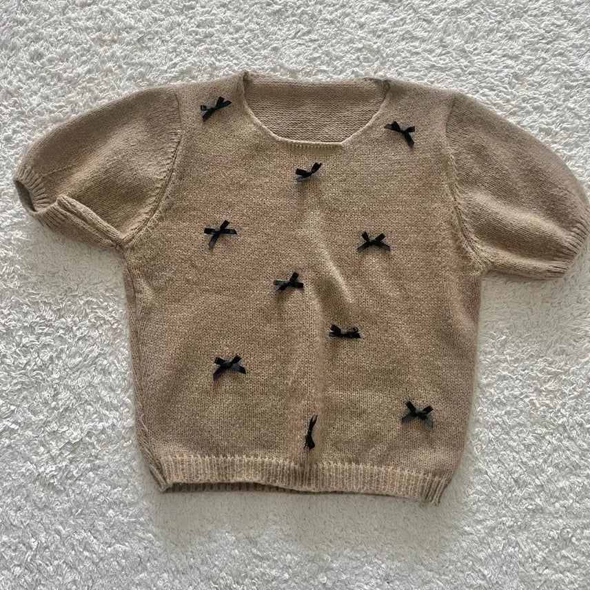 [BUNJANG] Brown Ribbon Puff Knit Top / 브라운 리본 퍼프 니트