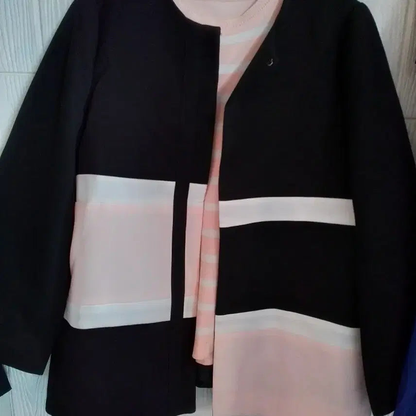 [BUNJANG] Black Pink White Color Block No Collar Jacket / 여55~66배색 블랙 핑크 노카라 자켓