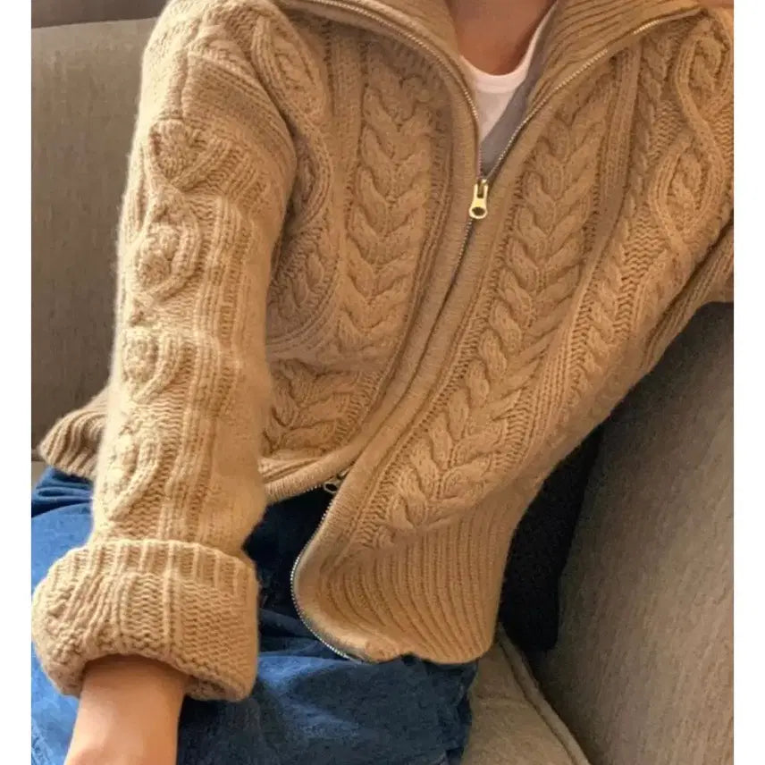 [BUNJANG] Cable Knit Zip-Up Jacket Beige / 케이블 니트 집업자켓 베이지