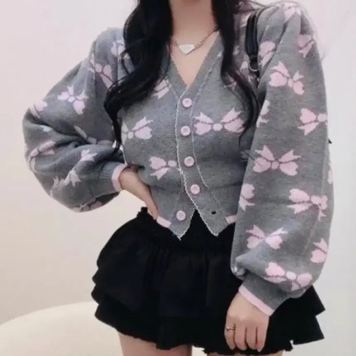 [BUNJANG] V-Neck Puff Ribbon Knit Cardigan / 무배&amp;택포