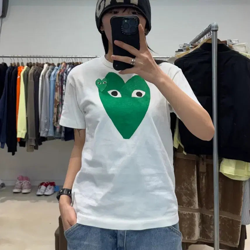 [BUNJANG] Comme des Garcons Green Double Heart T-shirt / 꼼데가르송 그린 더블 하트 티셔츠