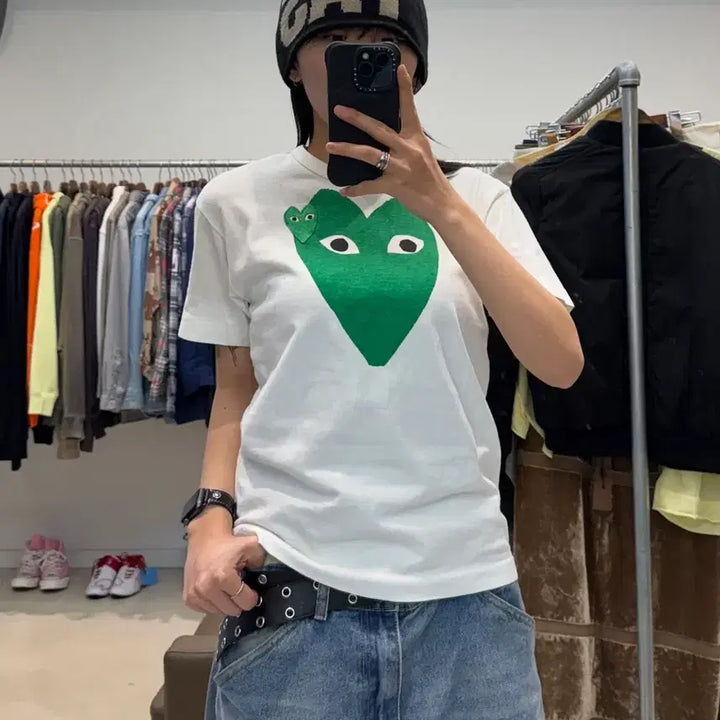 [BUNJANG] Comme des Garcons Green Double Heart T-shirt / 꼼데가르송 그린 더블 하트 티셔츠