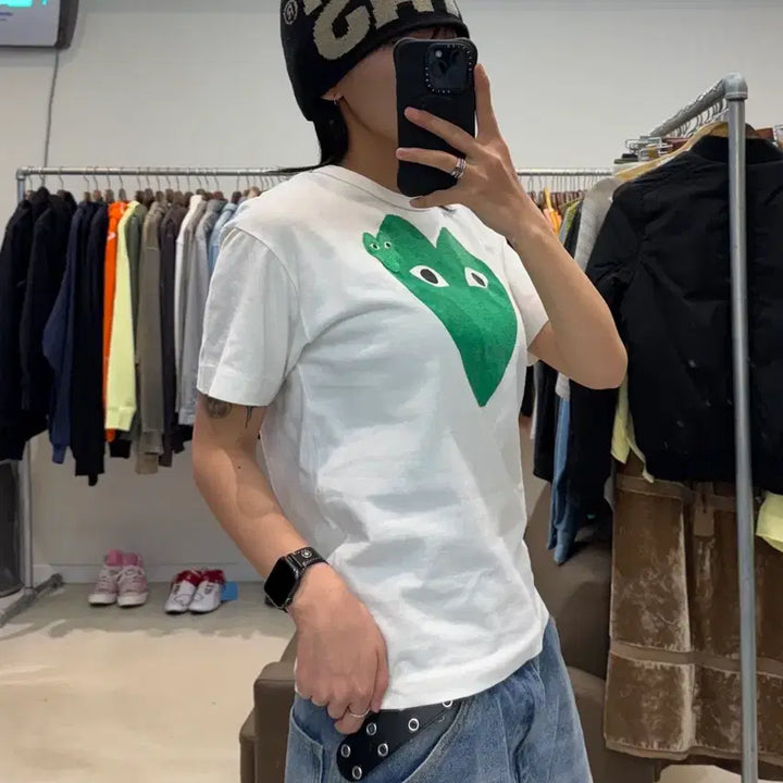 [BUNJANG] Comme des Garcons Green Double Heart T-shirt / 꼼데가르송 그린 더블 하트 티셔츠
