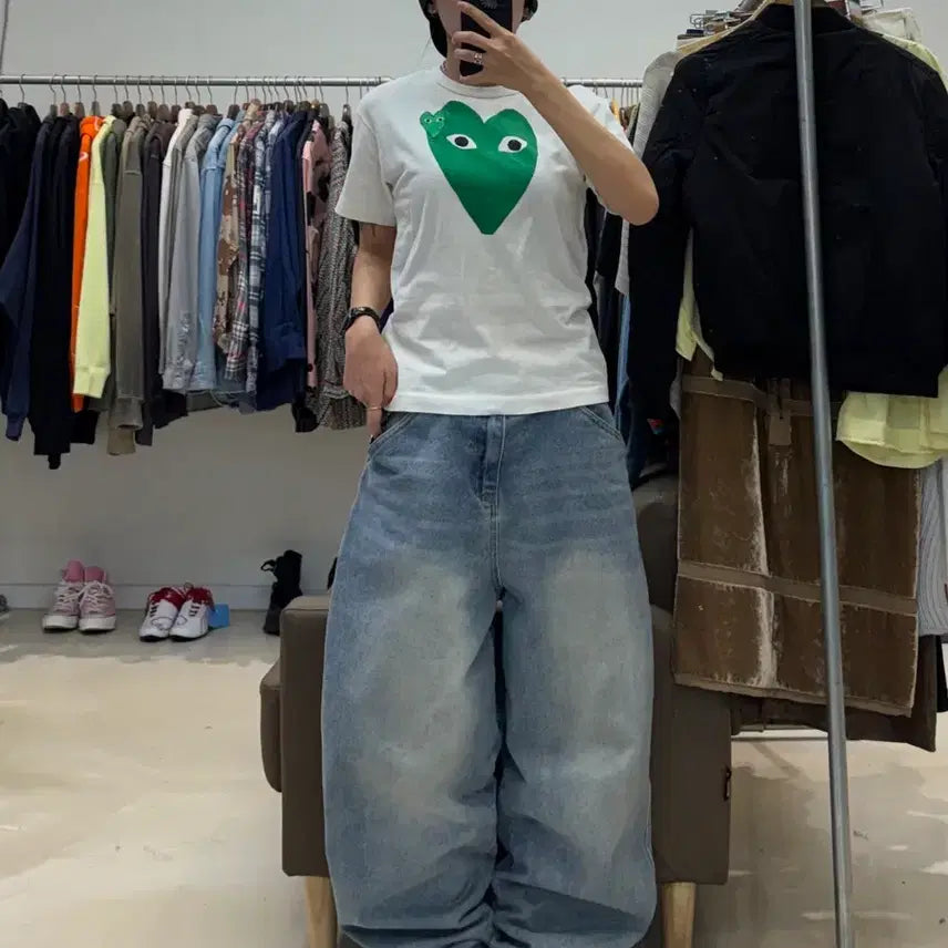 [BUNJANG] Comme des Garcons Green Double Heart T-shirt / 꼼데가르송 그린 더블 하트 티셔츠