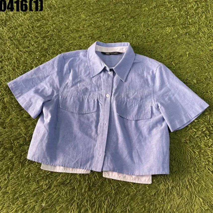 [SOLD OUT] 자라 반팔 셔츠 블루 크롭 카라넥 S