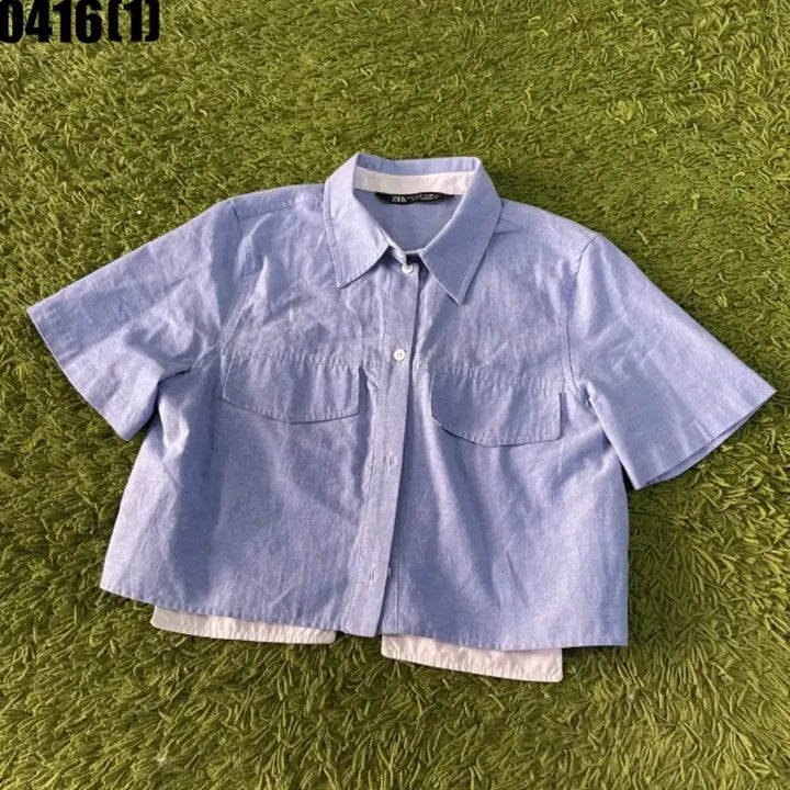 [SOLD OUT] 자라 반팔 셔츠 블루 크롭 카라넥 S