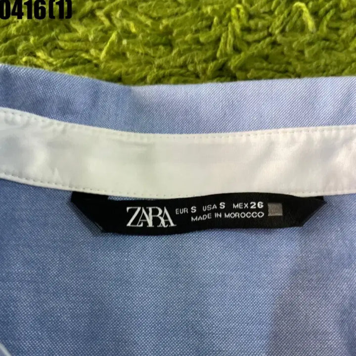 [SOLD OUT] 자라 반팔 셔츠 블루 크롭 카라넥 S