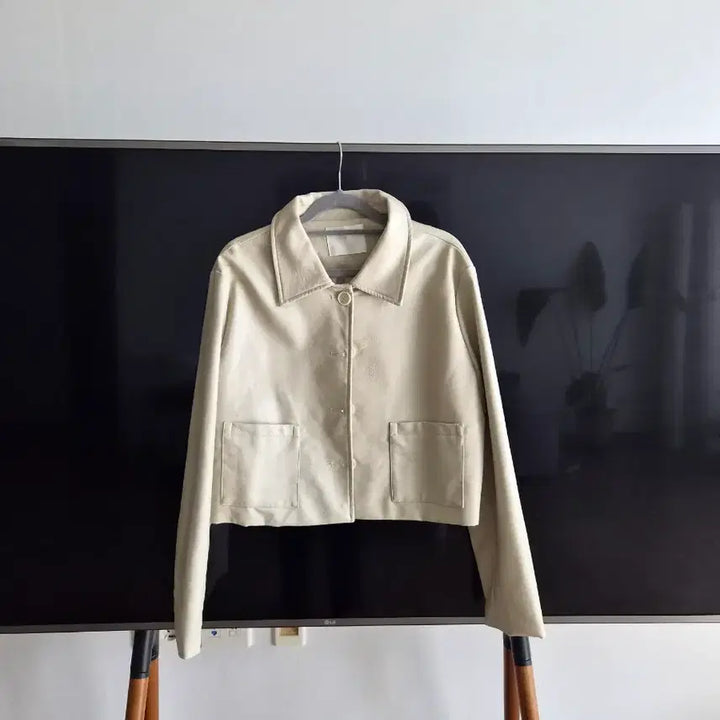 [BUNJANG] Ivory Faux Leather Crop Jacket / 아이보리 크롭 인조가죽자켓