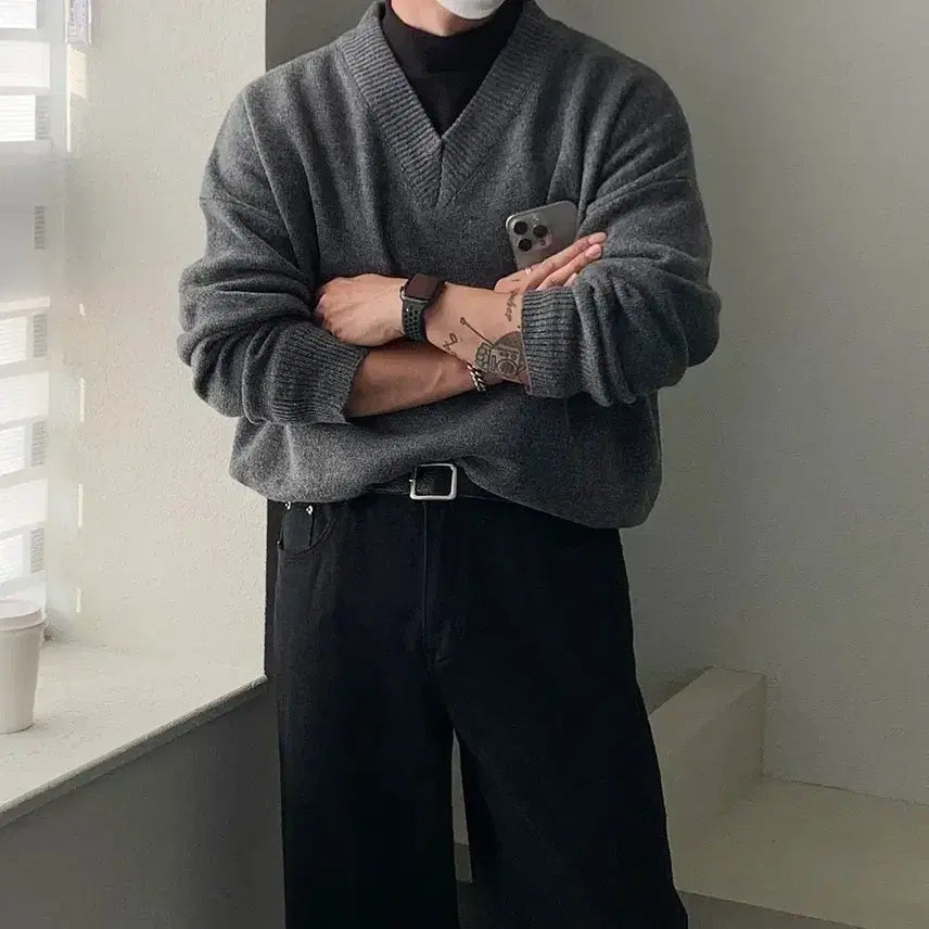 [BUNJANG] V-Neck Gray Knit Sweater / 브이넥 니트 그레이 프리사이즈
