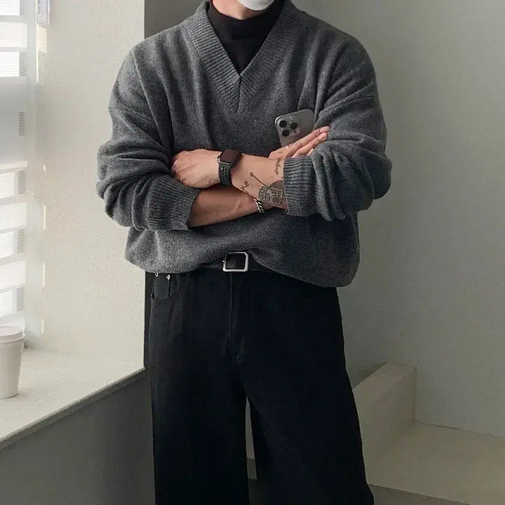 [BUNJANG] V-Neck Gray Knit Sweater / 브이넥 니트 그레이 프리사이즈