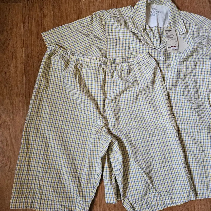 [SOLD OUT] 무인양품 시어서커 체크무늬 반팔 파자마 세트 XL
