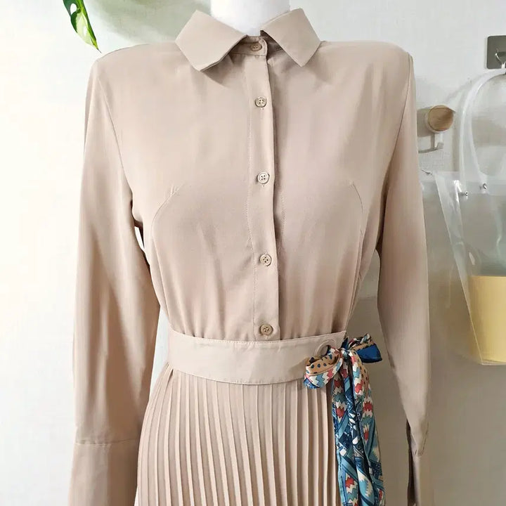 [BUNJANG] Pleated Maxi Long Dress Beige / 셔츠플리츠 맥시 롱원피스 55 66 베이지