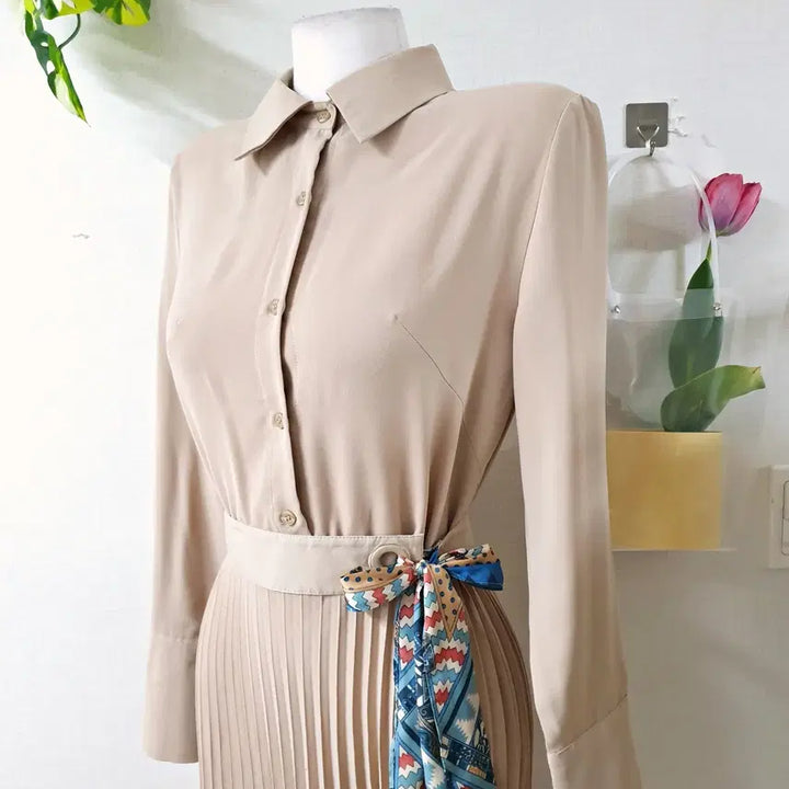 [BUNJANG] Pleated Maxi Long Dress Beige / 셔츠플리츠 맥시 롱원피스 55 66 베이지